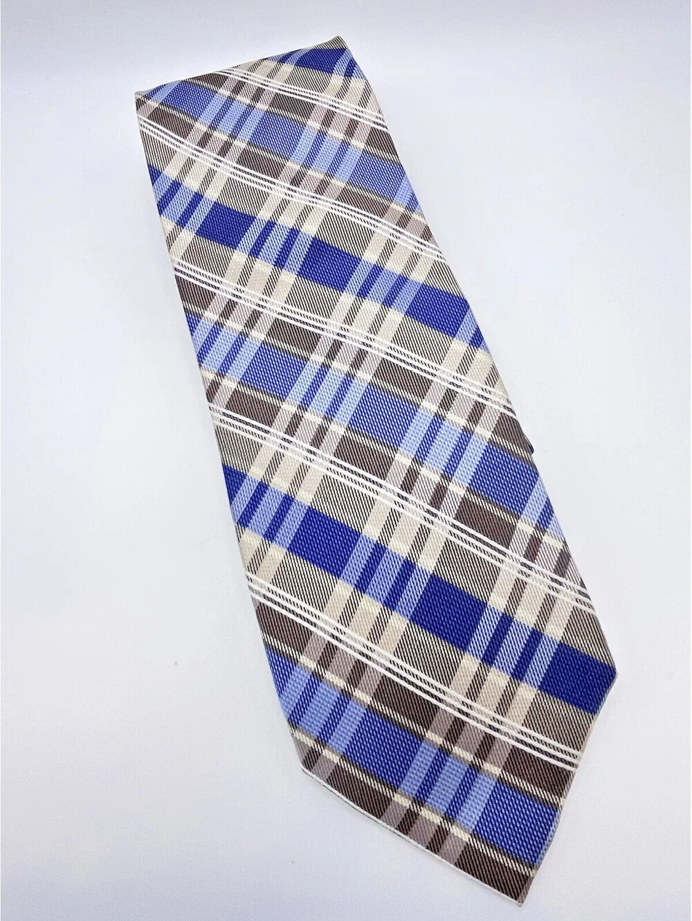 Pronto Uomo Tie Striped Plaid Blue brown Classic Long Retro 3.5 X 64 100% Silk